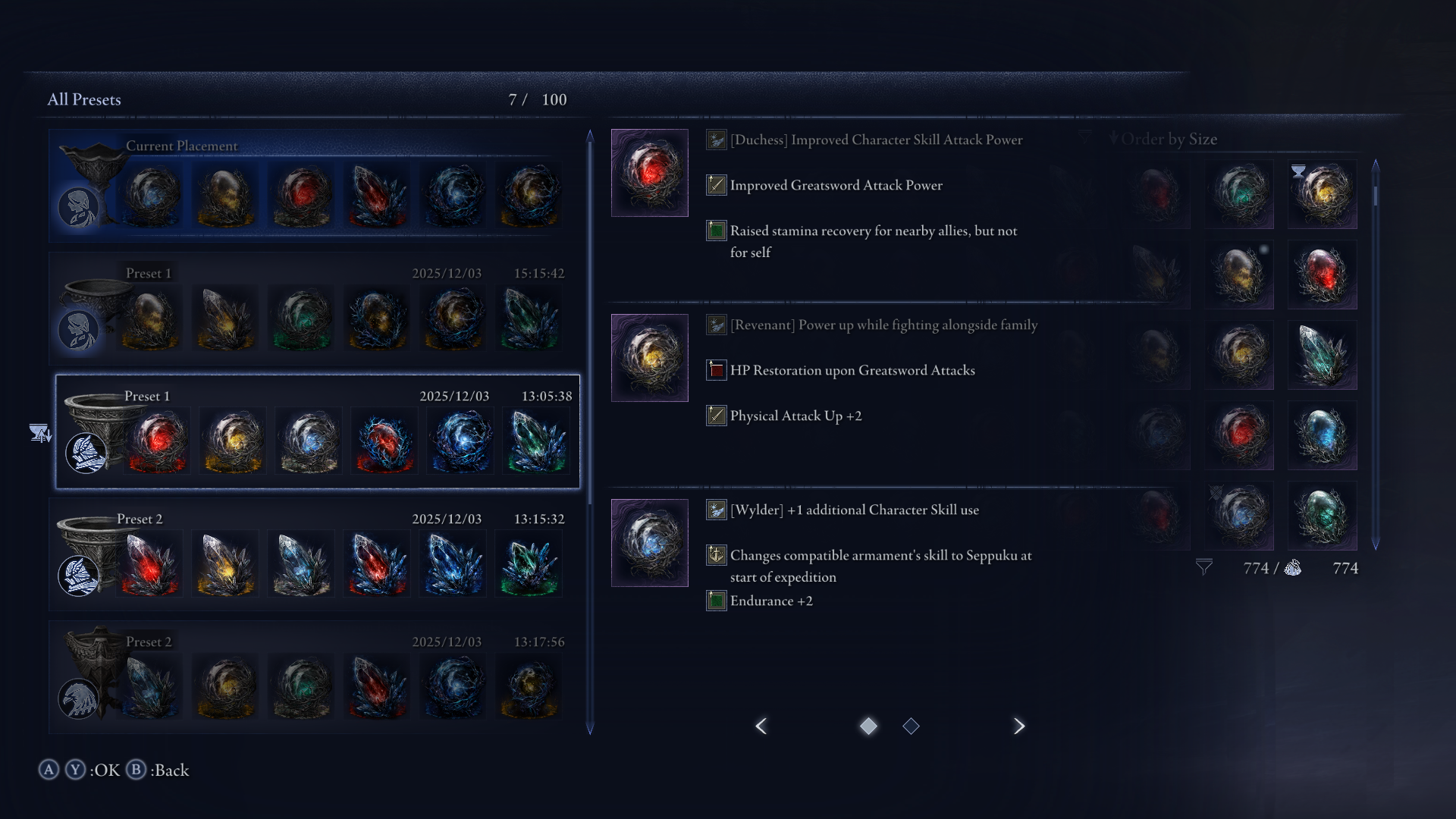 Relic customisation menu in Elden Ring NightReign