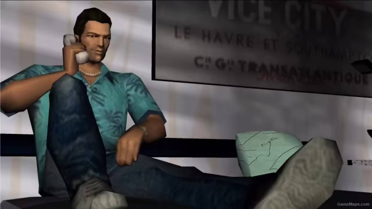 Tommy Vercetti from Grand Theft Auto Vice City set in 1980s Vice City.
