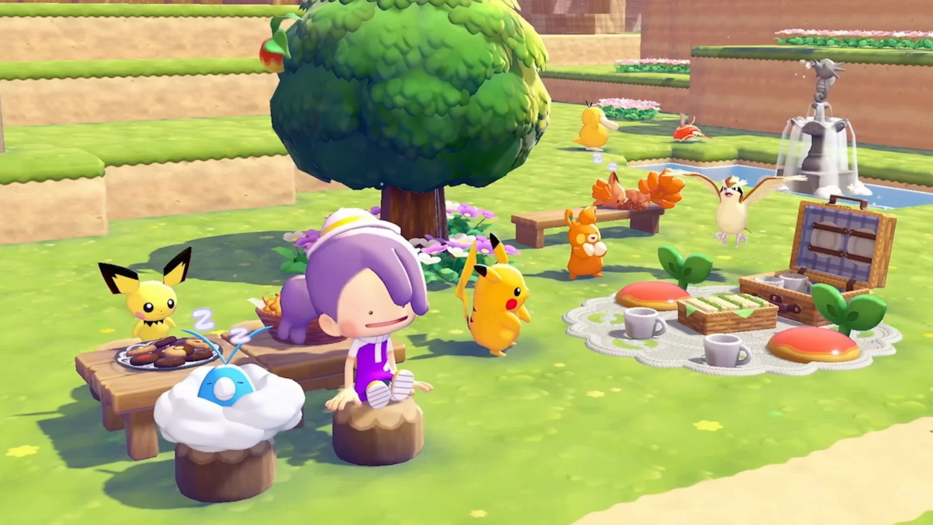 Character interacting with Pokémon during daily life activities in Pokémon Pokopia.